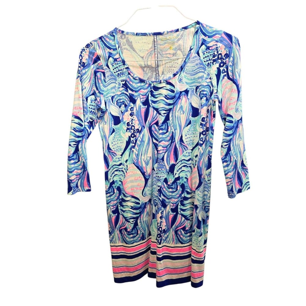 Lilly Pulitzer Beacon 3/4 Sleeve Blue Pink Nautical Fish T-Shirt Dress Size XS